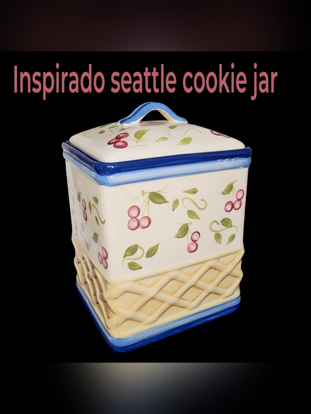 Vintage Insprado Hand Painted Ceramic Cherry Pattern Cookie Jar